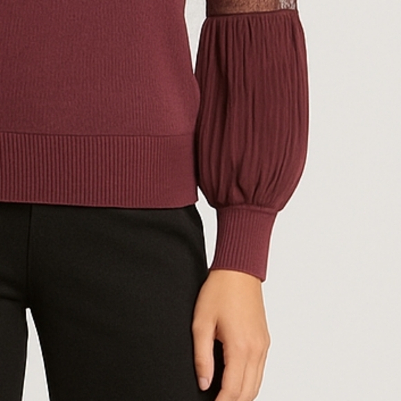 Belldini Mock Neck Knit  Sheer Lace/ Satin sleeve, Wine, Womens L, NWOT - Picture 2 of 7